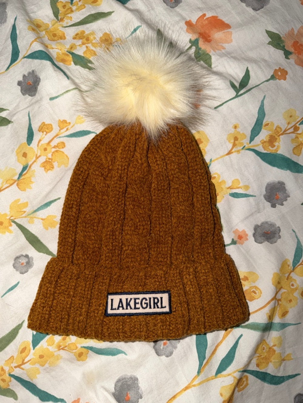LAKEGIRL Women's Cable Knit Pom Beanie in Mustard Brown